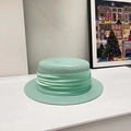 Mint green women's flat top boater straw hat with layered silk ribbon for summer travel - Light Green/Same Color Ribbon