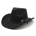 Classic black western cowboy hat featuring brown leather band and ornate silver buckle - Black