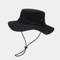 Detail of outdoor sun hat with mountain embroidery, ventilation holes and wind cord - M (56-58cm) / Black
