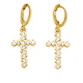 Golden cross leverback earrings with zircon stones and scroll engraving detail - Cross Style (A)