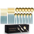 24-piece golden stainless steel cutlery set with elegant dark green handles - 24-Piece Set / Green Gold