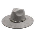 Chapeau fedora gris en suédine à large bord avec ruban tressé et boucles en métal gravé - M (56-59cm) / Daim Gris