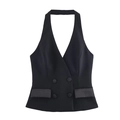 Women's black halter neck double-breasted vest with decorative pocket flaps and a slim fit - XS / Black