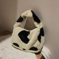 Faux fur handbag with black and white cow print texture and soft plush handle - Heart-shaped Off-white // Great Deal