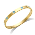 Polished gold stainless steel bangle featuring blue enamel plum blossom floral patterns - Gold Color + Blue Enamel Flower