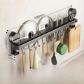 Wall-mounted 70cm kitchen organizer rack featuring 14 hooks and a double rod design - Double Bar 70cm/14 Hooks/Gun Grey