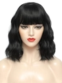 Short wavy black bob wig with neat bangs and natural water wave texture for women - Black