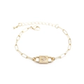 Dettaglio bracciale a maglia dorato con lucchetto in pavé di zirconi e chiusura a moschettone - Pendente a Lucchetto / Oro