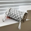 Cylindrical crossbody bag with grey and white checkered pattern and wrinkled texture - White