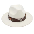 Close-up of white felt cowboy hat featuring brown leather band and silver bull head detail - One Size(Adjustable) / Cream