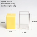 Detailed view of clear acrylic square candle mold with a 7x10cm finished yellow candle - Square 7*7*10cm