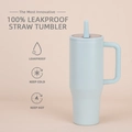 Light blue 40oz leakproof tumbler with handle, foldable straw and matte textured finish - 40oz / Cyan White