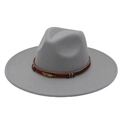 Exotic wide-brim grey wool fedora hat with braided band and gold feather detail - Adult (57-60cm) / Light Grey Heart (Gold Feather)