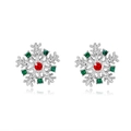 Boucles d'oreilles flocon avec cristaux rouges et verts en argent pour Noël - Petit flocon de neige argenté/strass rouge