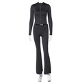 Detail of a black two-piece tracksuit with a zip-up hoodie and high-waisted flare trousers - XS / Dark Gray