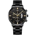 All-black stainless steel quartz watch for men with golden indexes and triple sub-dials - Black Band Black Dial Gold Markers (10)