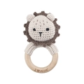 Handmade crochet baby rattle with a beige lion head on a natural wooden ring - Lion without Nose
