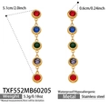 Detail view of 5.1cm stainless steel drop earrings with colorful zircon gemstones - Gold Multi-color Zirconia Earrings (TXF552)