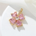 Exquisite 14K gold plated four-leaf clover pendant with pink crystals on white fabric - H-10729 Four-leaf Clover