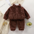 Brown fleece kids' warm two-piece set featuring a zipper jacket and matching trousers - Dark Brown / 80cm