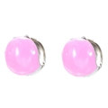 Macro shot of minimalist pink enamel heart-shaped huggie earrings in gold plating - Platinum-Pink