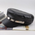 Black leather newsboy cap with silver metallic trim and stylish M logo detail - One Size 58cm / M Logo Flat Top Style