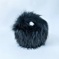 Chic black faux raccoon fur round handbag with metal ring handle for Y2K style - Dark Gray