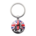 Silver metal keychain featuring United Kingdom flag and London Tower Bridge silhouette - B&W Tower Bridge Flag