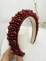 Cerchietto imbottito rosso scuro con perle metalliche e texture spugna in stile coreano - Rosso