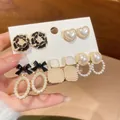 5-pair vintage earring set featuring camellia flowers and pearls on white card - 3# Gold White Set (5 Pairs) / 5 Pairs Set