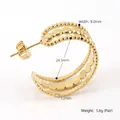 Three-layer C-shaped 18K gold stainless steel earrings with textured bead details - Gold