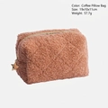 Quilted coffee teddy fleece cosmetic bag with star zipper, size 19x10x11cm - Coffee Pillow Bag