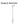 Detail view of steel ball stud earring with long chain and textured feather pendant charm - Style D / Steel