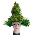 Christmas tree shaped party hat with green and gold tinsel ribbons and a gold star topper - A19 Tinsel Hat Green