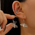 Silver gothic bat ear cuff and matching drop earrings set shown on model's ear - Silver Mix (43)