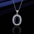 Deep blue oval pendant necklace with white zircon halo on a fine silver chain - Sapphire Blue Diamond Necklace Tz-38