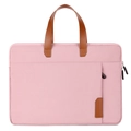 Slanke 14 inch roze laptophoes met bruine lederen handvaten en zijvak met ritssluiting - 13/13.3 Inch / Roze