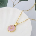 Gold stainless steel necklace featuring a round pink shell pendant with a golden letter V - Pink-V