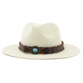Detail of cream straw fedora with brown leather band and turquoise stone inlay decoration - Creamy White
