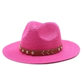 Close-up of rose red straw hat featuring faux leather band and metallic rivets decoration - M (56-58cm) / Rose Red