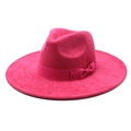 Detail of fuchsia wide brim fedora hat featuring a satin ribbon and matching side bow - M (56-59cm) / Suede / Rose Red