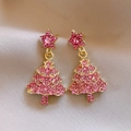 Pink zircon star Christmas tree earrings in gold finish for women's festive wear - Pink Rhinestone Star Tree Style