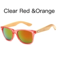 Rectangular transparent red sunglasses with bamboo temples and orange mirror lenses - Clear Red Frame / Red Film