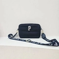 Minimalist black crossbody bag featuring metal P logo and wide PARCH branded strap - Black