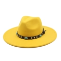 Detail of yellow wool fedora with black faux leather belt and turquoise stud accents - M (56-58cm) / Yellow