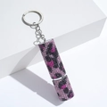 Detail of lipstick shaped keychain with purple leopard rhinestone pattern and silver link - C11-Purple Pink Leopard