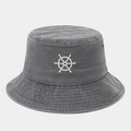 Detail of white embroidered ship helm logo on washed cotton grey bucket hat surface - One Size / Gray
