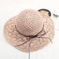 Straw sun hat in beige with hollow weave and dark brown bow tie for summer sun protection - One Size / Hollow Flower with Cord - Pink