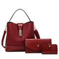 Deep red 3-piece handbag set featuring tote bag with lychee and crocodile texture - Burgundy
