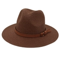 Classic brown woven Fedora Panama hat featuring a stylish matching band and metal buckle - Coffee